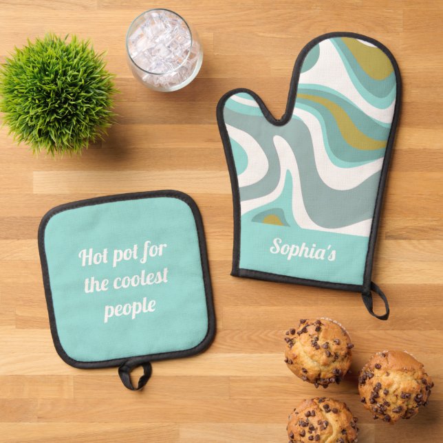 Retro Funky Blue And Golden Colour Oven Mitt & Pot Holder Set (Top Down)