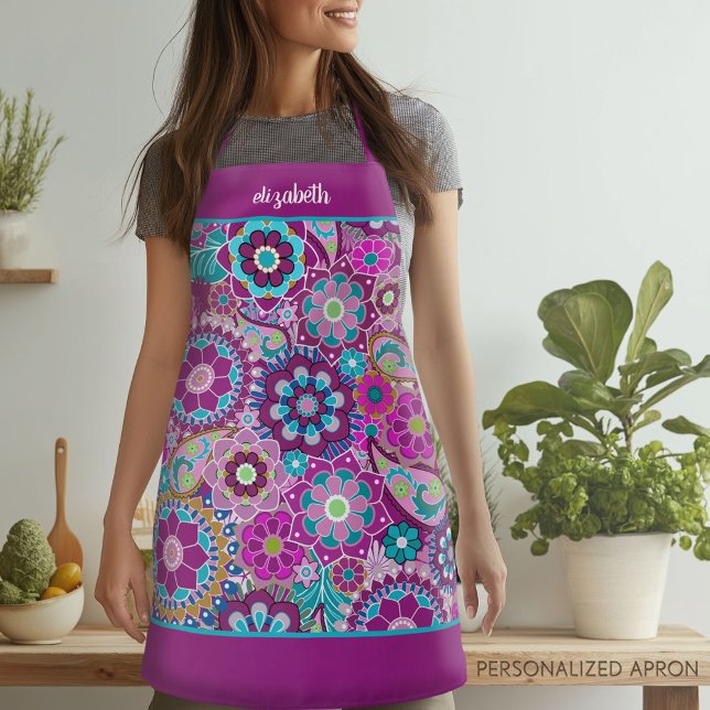 Retro Funky Flowers - Pink Purple with Script Name Apron (Personalized Apron)