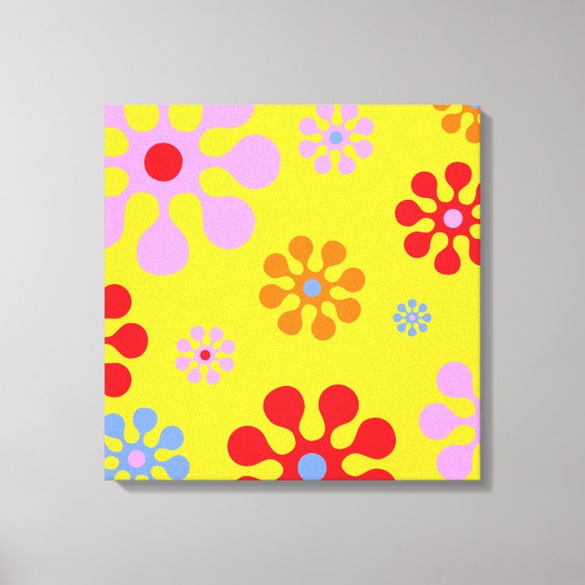 Retro Funky Flowers Yellow Abstract Art Canvas Print (Front)