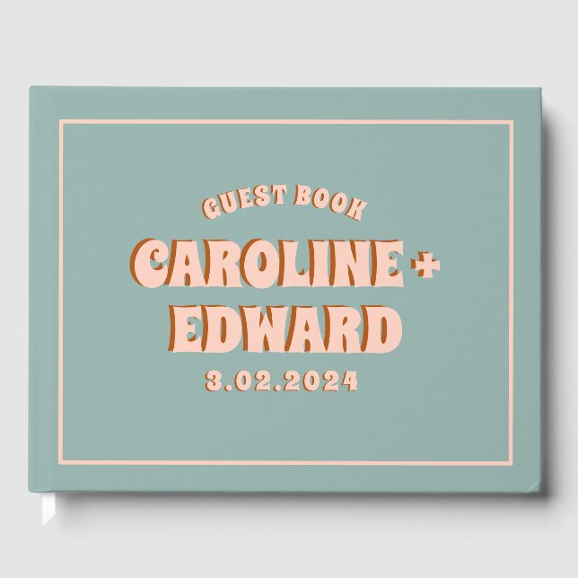 Retro Funky Groovy Colourful Pink Wedding Guest Book (Front)
