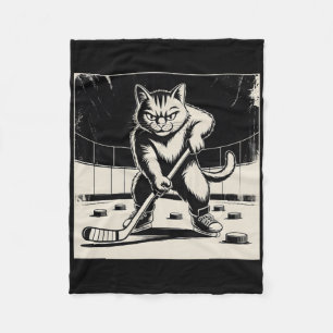 Retro Funny Cat Playing Ice Hockey Stick Skating S Fleece Blanket