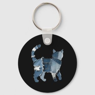 Retro Funny Denim Patch Animal Cat Keychain