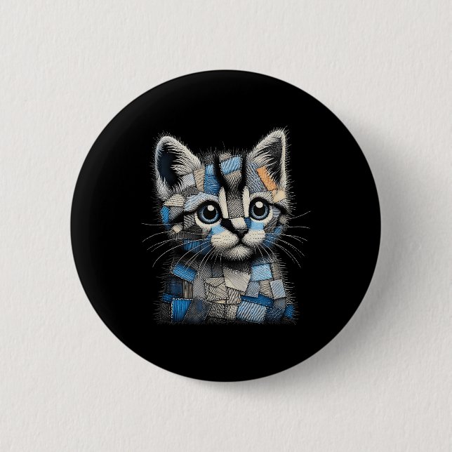 Retro Funny Denim Patch Animal Cat Print  2 Inch Round Button (Front)
