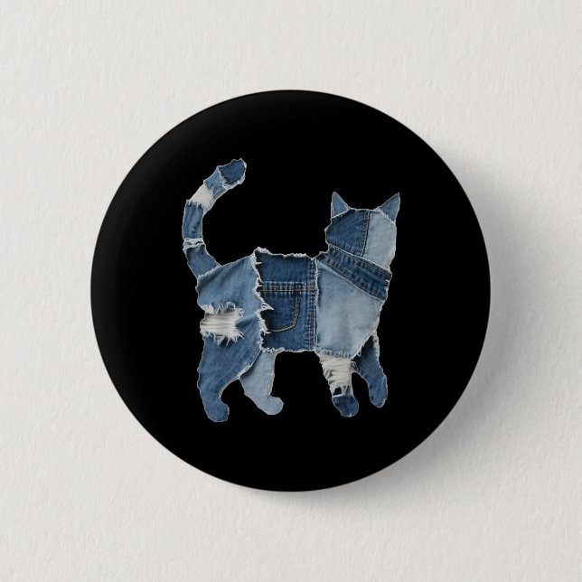 Retro Funny Denim Patch Animal Cat Print  2 Inch Round Button (Front)
