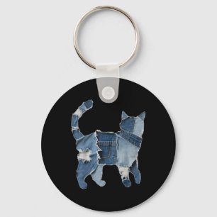 Retro Funny Denim Patch Animal Cat Print Keychain