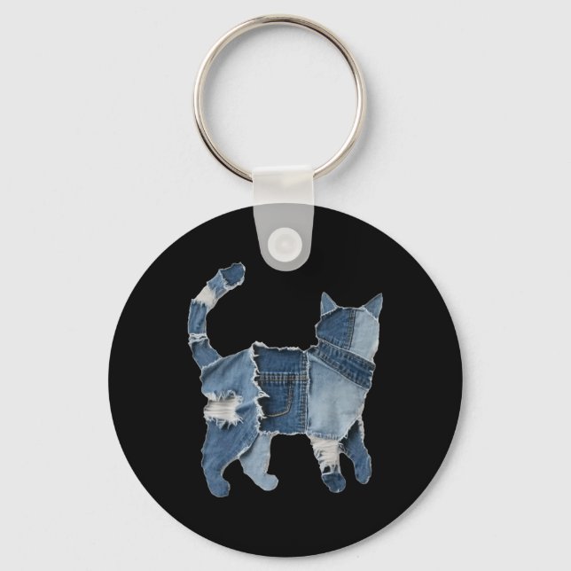Retro Funny Denim Patch Animal Cat Print  Keychain (Front)