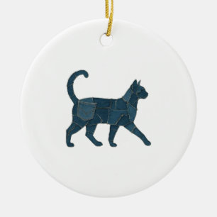 Retro Funny Denim Patch Animal Cat T-Shirt Ceramic Ornament