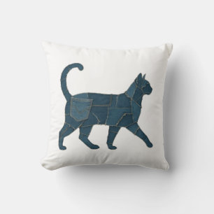 Retro Funny Denim Patch Animal Cat T-Shirt Throw Pillow