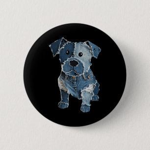 Retro Funny Denim Patch Animal Dog Print For Men W 2 Inch Round Button
