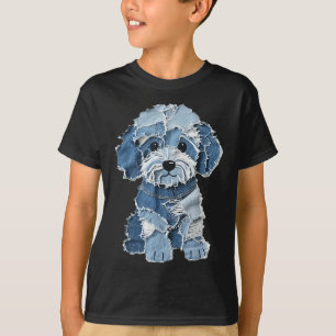 Retro Funny Denim Patch Animal Dog Print  T-Shirt