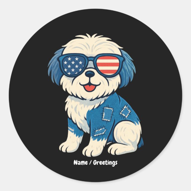 Retro Funny Denim Patch Cute Pet Dog Design  Classic Round Sticker (Front)