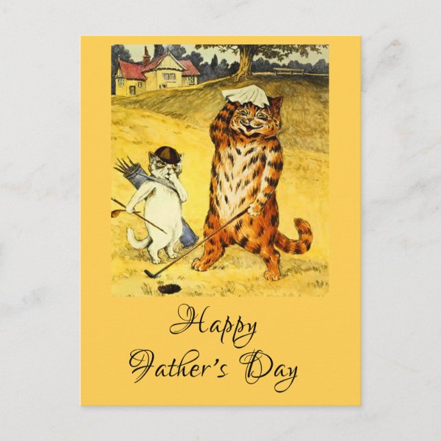 Retro Funny Father's Day Golfing Cat & Caddie Holiday Postcard (Front)