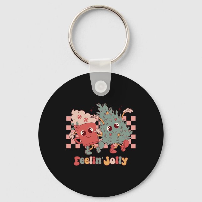 Retro Funny Feeling Jolly Christmas Tree Hot Cocoa Keychain (Front)