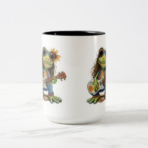 Retro Funny Hippie Frog Wear Glass Play Piano On  Two-Tone Coffee Mug