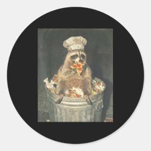 Retro funny raccoon chef eating pizza trash can classic round sticker