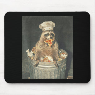 Retro funny raccoon chef eating pizza trash can mouse pad