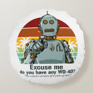 Retro funny robot needs oiling round pillow