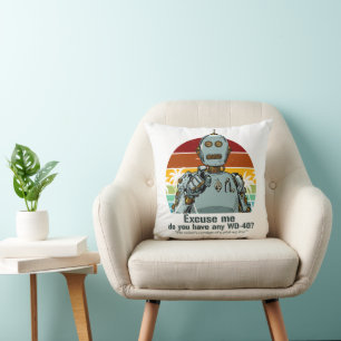 Retro funny robot needs oiling throw pillow