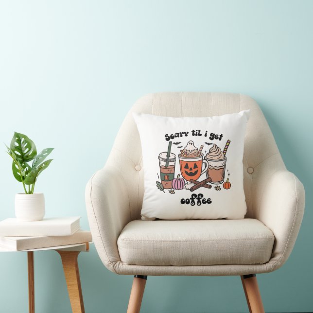 Retro Funny Scary ’Til I Get Coffee Halloween Throw Pillow (Chair)