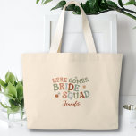 Retro Funny Simple Bridesmaid Bachelorette Gift Large Tote Bag<br><div class="desc">Raise a toast to your love with our funny 'Here comes bride squad' tote bag design. Featuring customizable bridesmaid's name, this bag is the perfect way to celebrate your special occasion in style. This is a unique and personal way to mark the occasion. With our easy-to-use design tool, you can...</div>