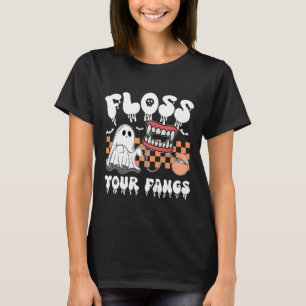 Retro Funny Teeth Floss Your Fangs Dentist Spooky  T-Shirt