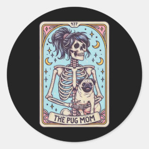 Retro Funny The Pug Dog Mom Tarot Card Skeleton Ha Classic Round Sticker