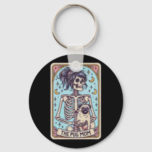 Retro Funny The Pug Dog Mom Tarot Card Skeleton Ha Keychain