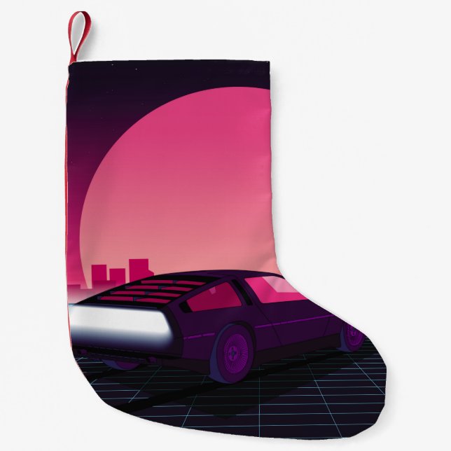 Retro future. 80s style sci-fi background with sup small christmas stocking (Front)
