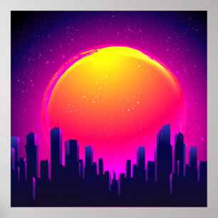 Retro Futurism. futuristic synth wave illustration Poster