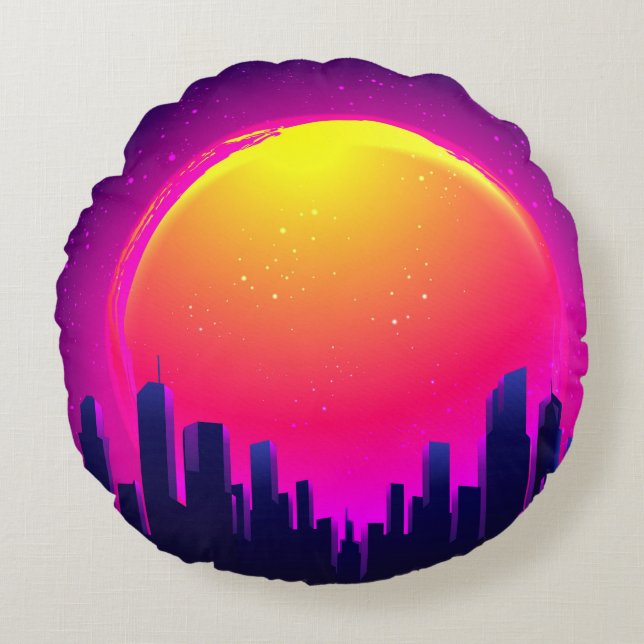 Retro Futurism. futuristic synth wave illustration Round Pillow (Front)