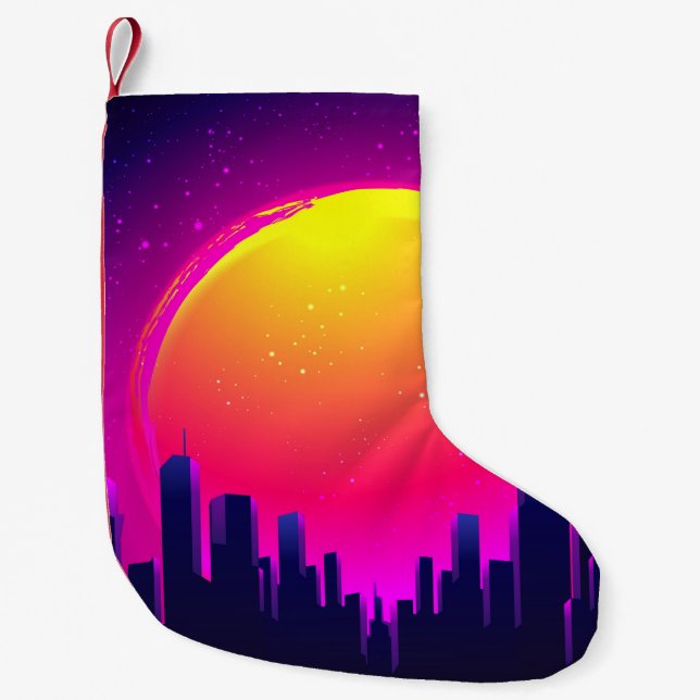 Retro Futurism. futuristic synth wave illustration Small Christmas Stocking (Front)