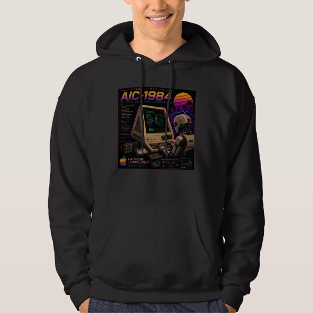 Retro Futuristic AI Robot Computer Vaporwave Neon Hoodie (Front)