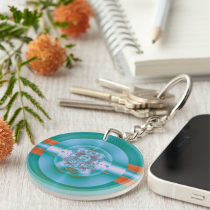 Retro Futuristic Aqua Coral Abstract Art Keychain