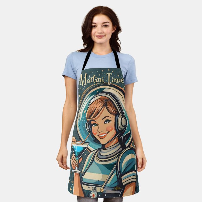 Retro Futuristic Astro Girl Martini Time Apron (Worn)