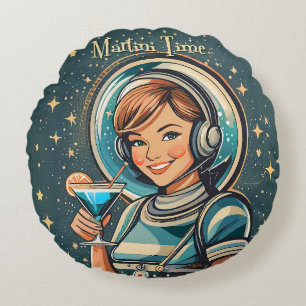 Retro Futuristic Astro Girl Martini Time Round Pillow
