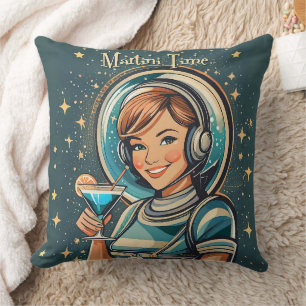 Retro Futuristic Astro Girl Martini Time Throw Pillow