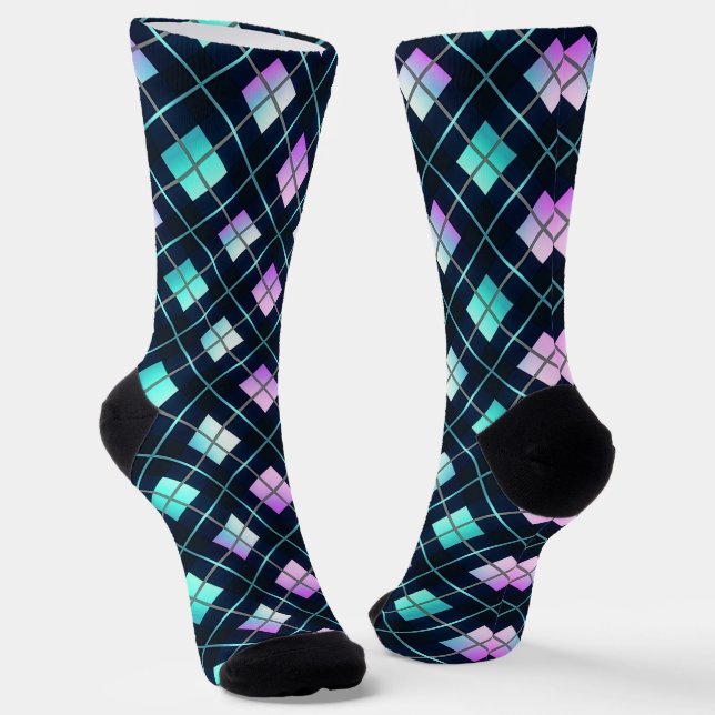 Retro Futuristic Black, Blue & Pink Argyle Pattern Socks (Angled)