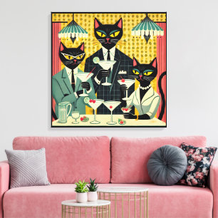 Retro Futuristic Black Cat Martini Club Canvas Print