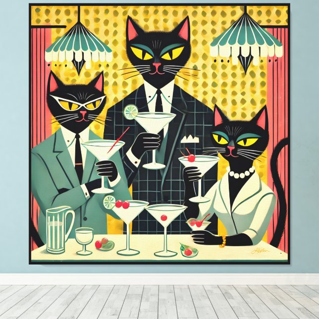 Retro Futuristic Black Cat Martini Club Canvas Print (Insitu(Wood Floor))
