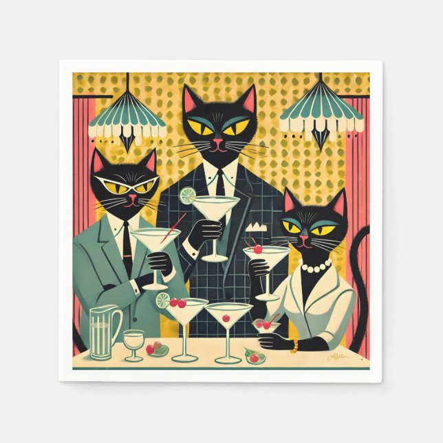 Retro Futuristic Black Cat Martini Club Napkin (Front)