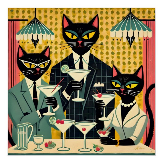 Retro Futuristic Black Cat Martini Club Poster (Front)