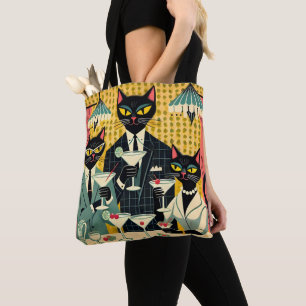 Retro Futuristic Black Cat Martini Club Tote Bag