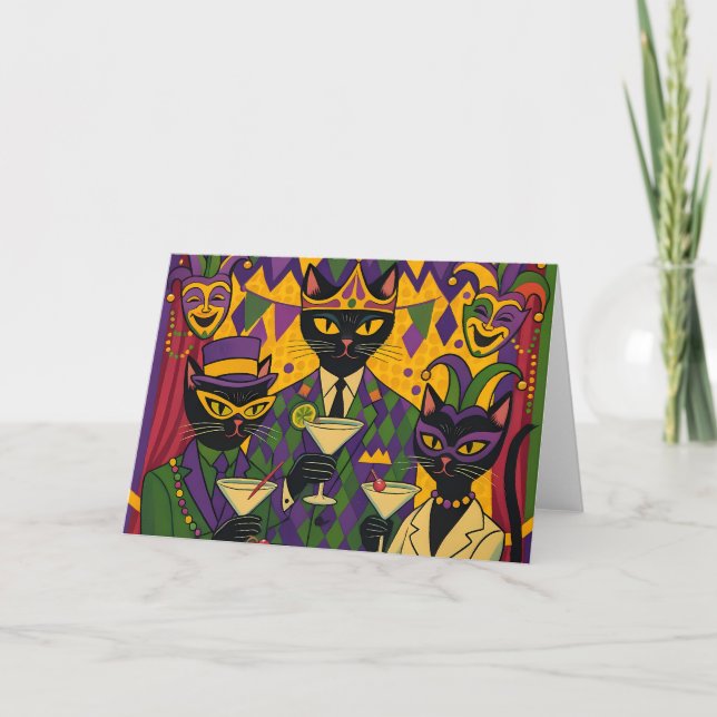 Retro Futuristic Mardi Gras Black Cat Martini Club Card (Front)