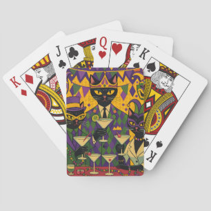 Retro Futuristic Mardi Gras Black Cat Martini Club Playing Cards