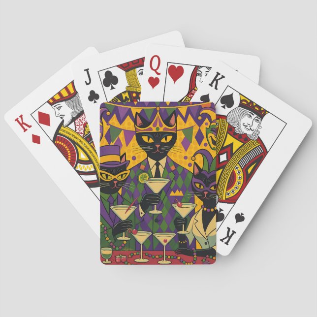 Retro Futuristic Mardi Gras Black Cat Martini Club Playing Cards (Back)