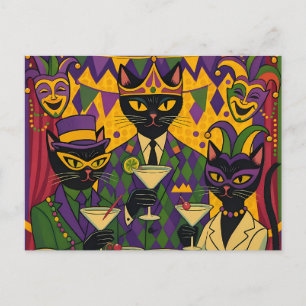 Retro Futuristic Mardi Gras Black Cat Martini Club Postcard
