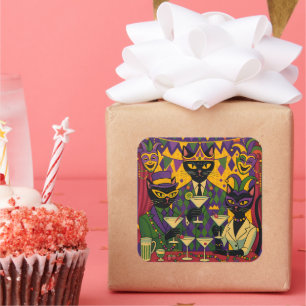 Retro Futuristic Mardi Gras Black Cat Martini Club Square Sticker