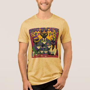 Retro Futuristic Mardi Gras Black Cat Martini Club Tri-Blend Shirt