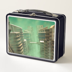 Retro Futuristic Megacity Skyline Metal Lunch Box