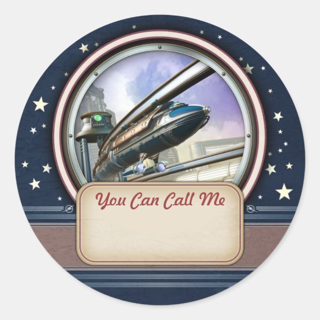 Retro Futuristic Monorail Name Tag Stickers (Front)